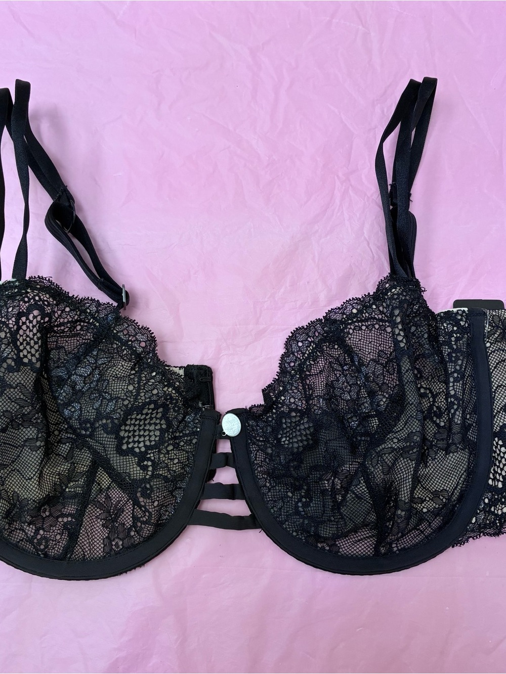Parisa Black Sheer Lace Mesh Underwire Balconette Bra Floral NWT Sz 32DDD
